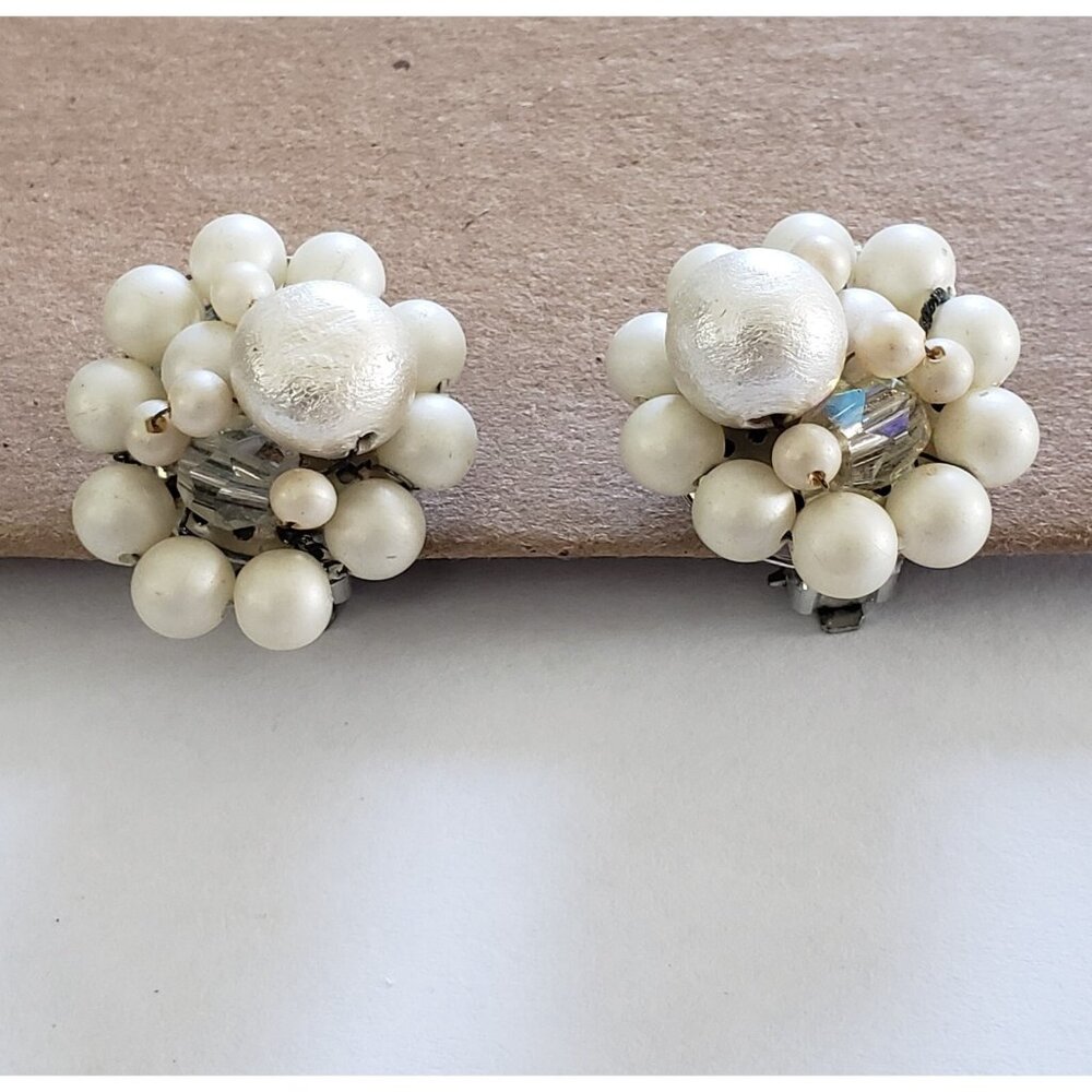 Vintage Cluster Beaded Clip On Earrings 1 in Faux Pearl Beads Glass Faceted Bead